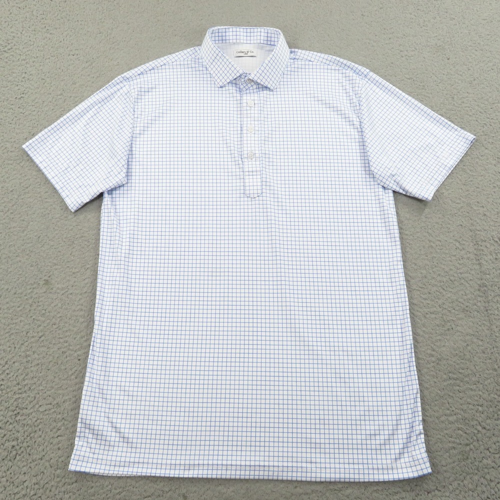 Collars and Co Mens Large Polo White Blue Windowpane Golf Dress Shirt
